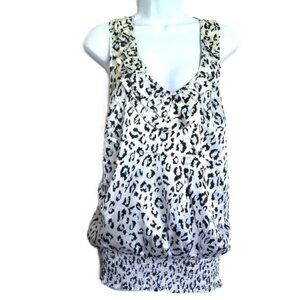 Vertigo Animal Print Racerback Top Ruffled Neckline Stretch Banded Hem EUC Sz M
